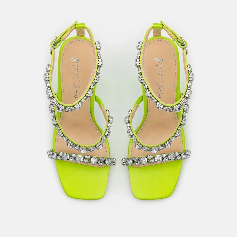 Betsey Johnson SB-Perry Citron Rhinestone Lime Green Buckle Strap Flare Heels - Picture 7 of 10